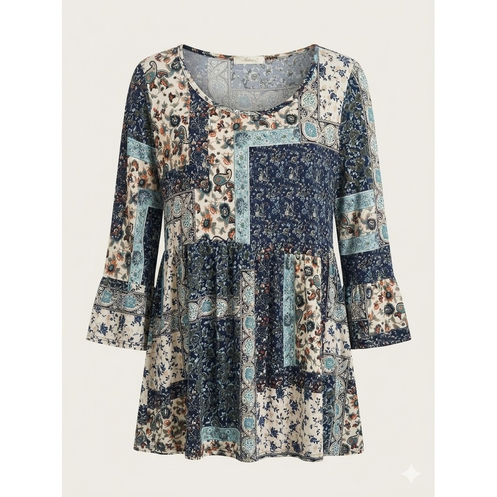 Andree by Unit Womens Patchwork Floral Paisley Babydoll Tunic Top Blue Large - Picture 2 of 6